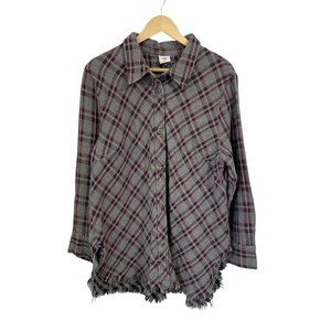 Cabi Highland Flannel Plaid Shirt Gray Purple Plaid Raw Hem Tunic Top 3946 Sz XL